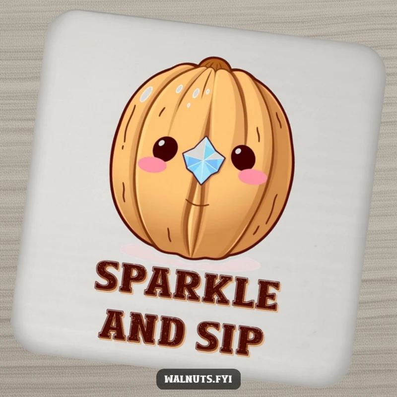 Funny Kawaii walnut drink coaster, a walnut proudly displaying a tiny sparkling gem, protects surfaces with humor.