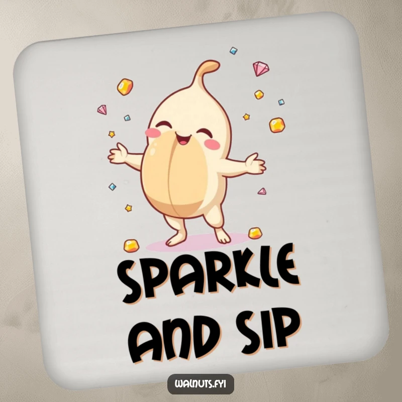 Funny drink coaster featuring a macadamia nut juggling gemstones, offering surface protection with dazzling humor and elegant charm.