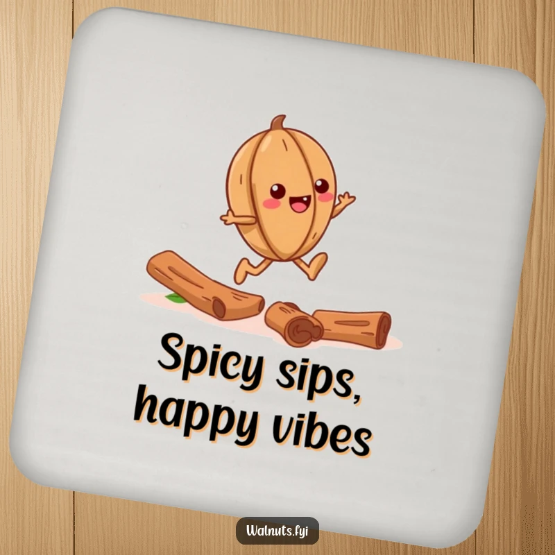 Funny coaster art of a happy walnut skipping down a cinnamon stick path, bringing cheer to your table.