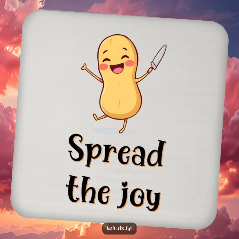 Funny drink coaster featuring a joyful peanut dancing with a butter knife, perfect for adding a touch of playful energy.