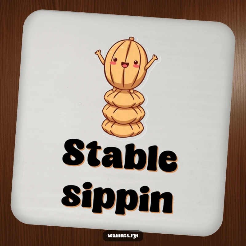 Funny Kawaii Walnut Balance Coaster: A cartoon walnut balances precariously on a nut stack, offering a humorous and protective surface.