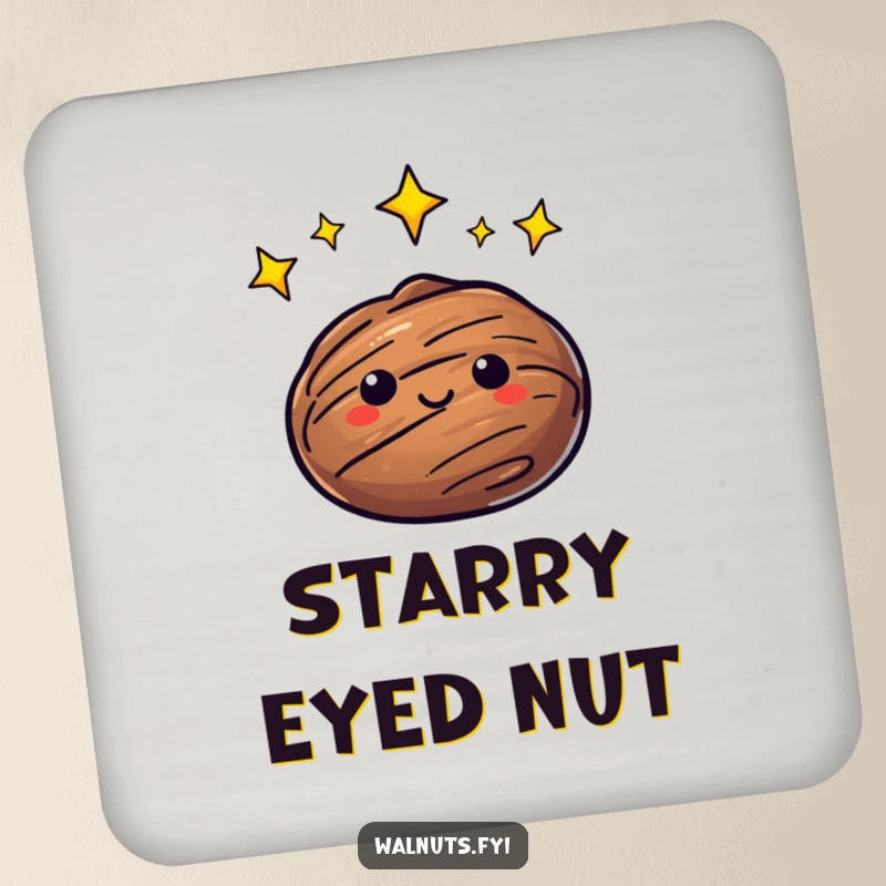 Funny Drink Coaster displaying a walnut character with twinkling stars orbiting its head, providing celestial surface protection.