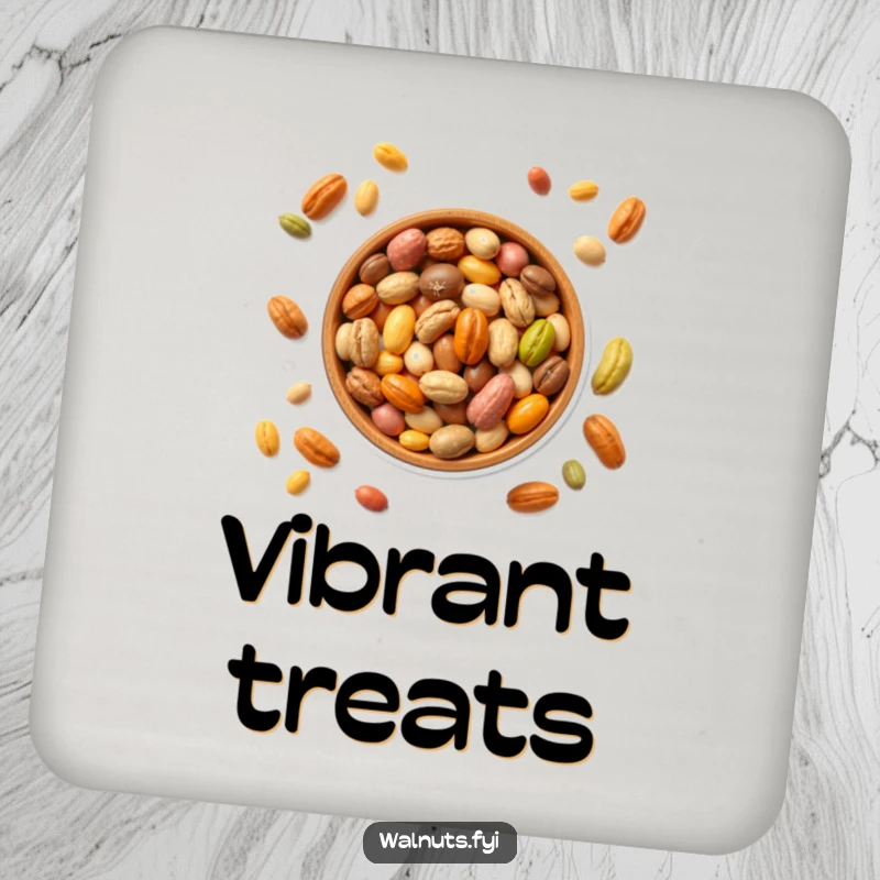 Funny coaster showcasing a bowl filled with colorful nuts, protecting tables with vibrant fun, a delightful funny gift.