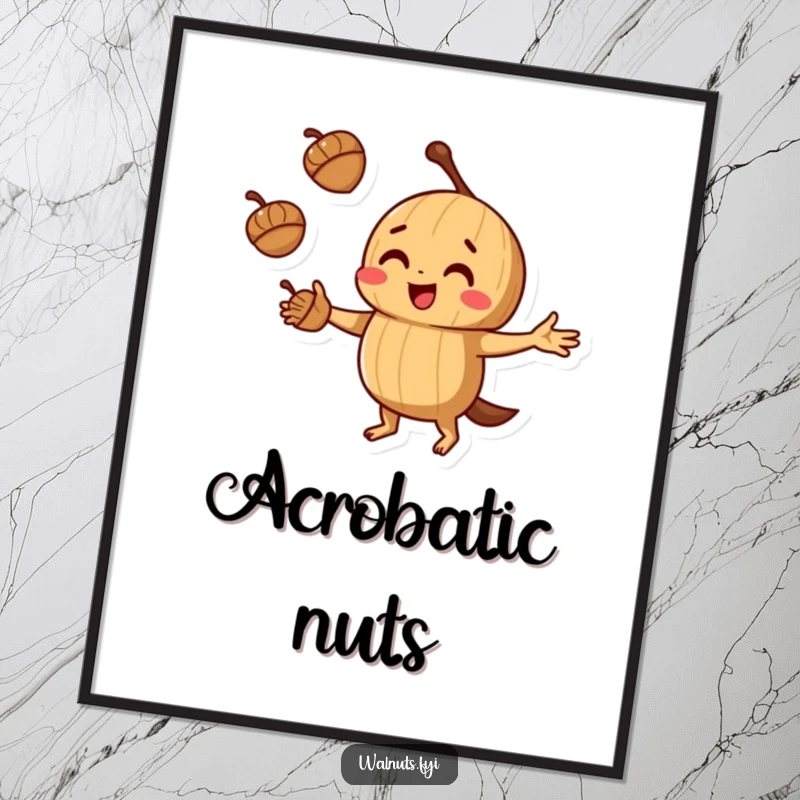 High-quality funny juggling walnut poster featuring a walnut juggling acorns with playful concentration, adding witty decor.