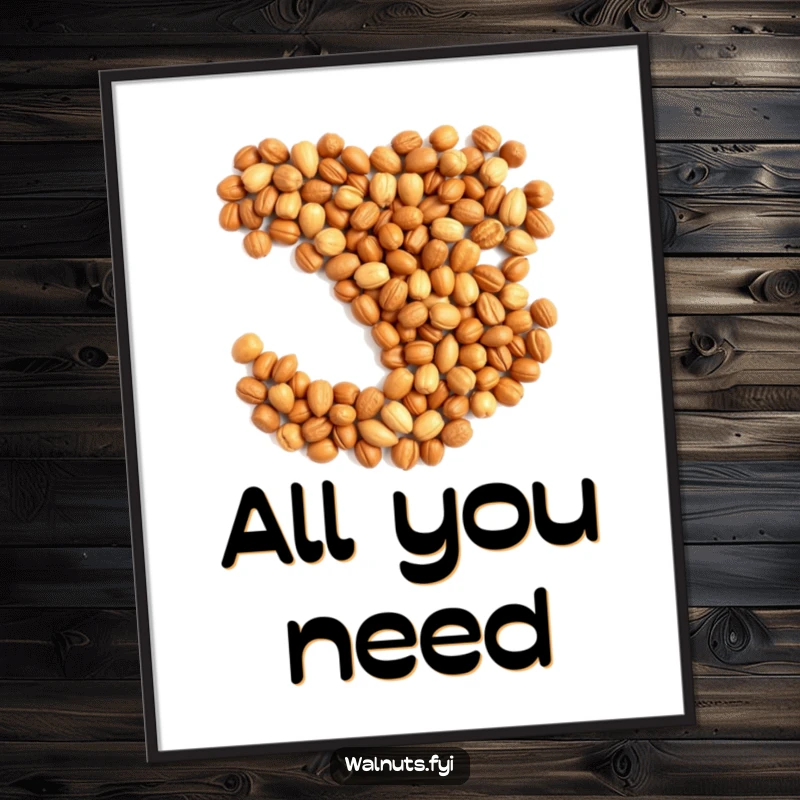 Funny poster of a heart shape constructed from various nuts, conveying love and a humorous touch.