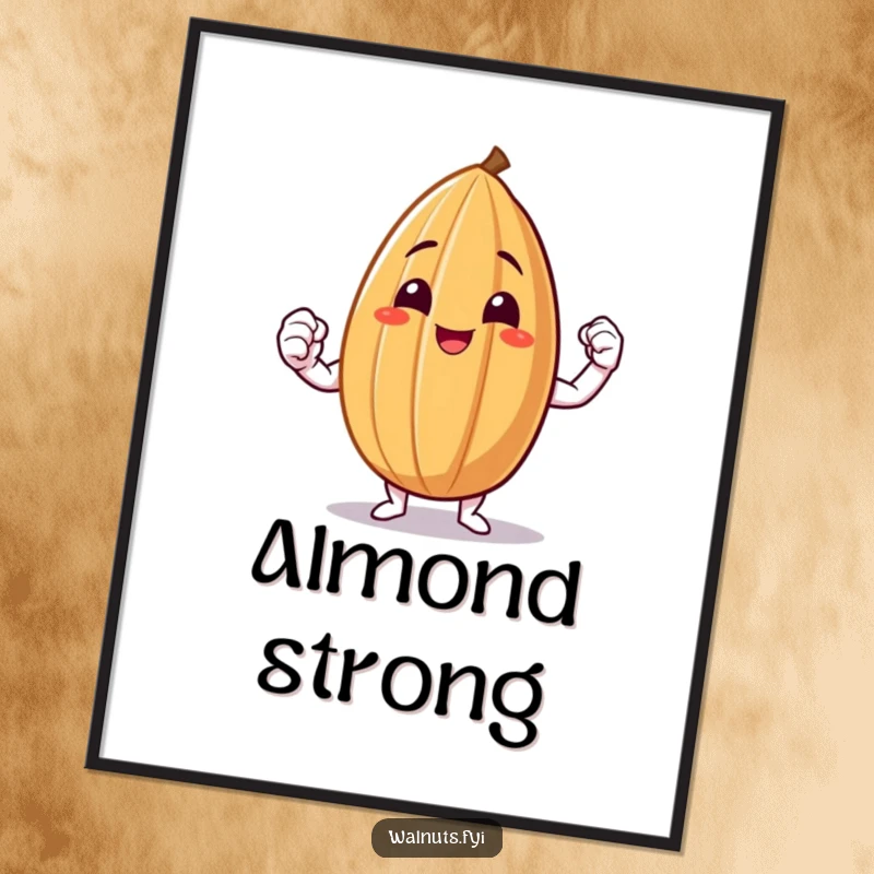 Funny Almond Flex Poster of a smiling almond proudly flexing a tiny muscle, conveying strength and joy.