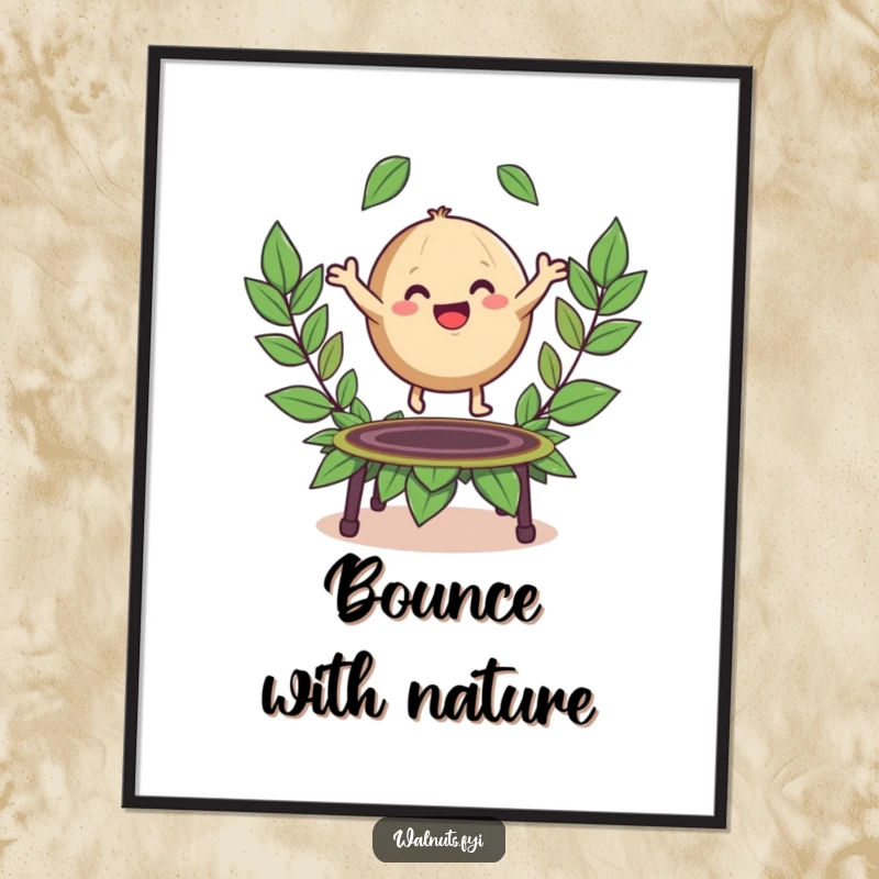 Funny poster art of a happy, round walnut character leaping high on a trampoline made of colorful leaves.
