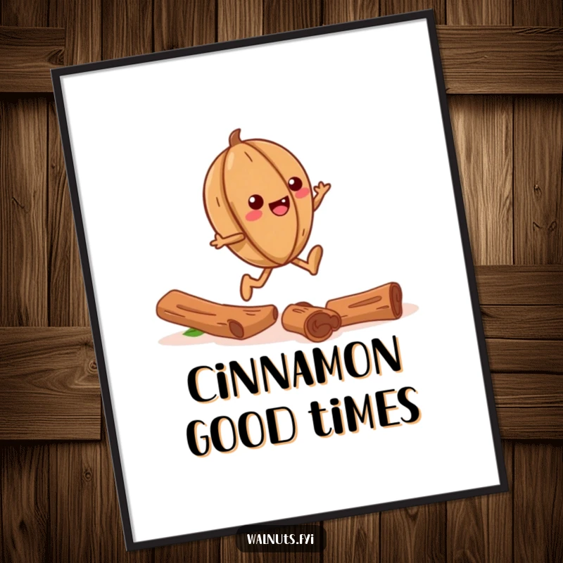 Funny poster art of a happy walnut skipping merrily down a path made of aromatic cinnamon sticks, full of glee.
