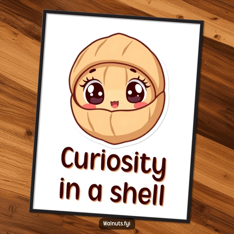 Funny poster print of a cute walnut character peeking out from its shell with wide, excited eyes.