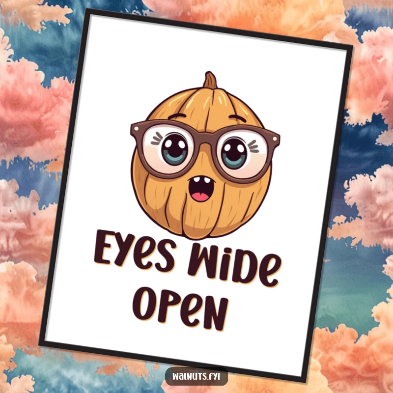 Funny Poster featuring a walnut character wearing enormous reading glasses, with eyes wide in a hilariously surprised expression.