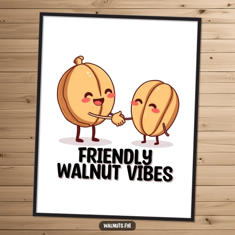 Funny poster art of a beaming walnut offering a tiny handshake to another walnut, celebrating nutty connection and goodwill.