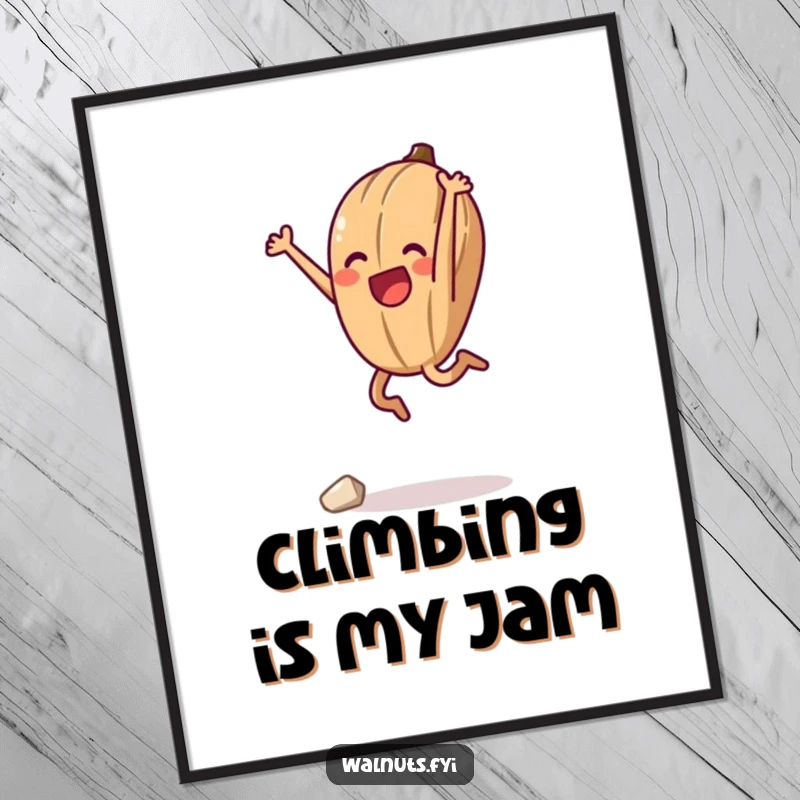 Funny poster print of an anthropomorphic walnut in a dynamic, triumphant mid-air jump, symbolizing the peak of a great climb.