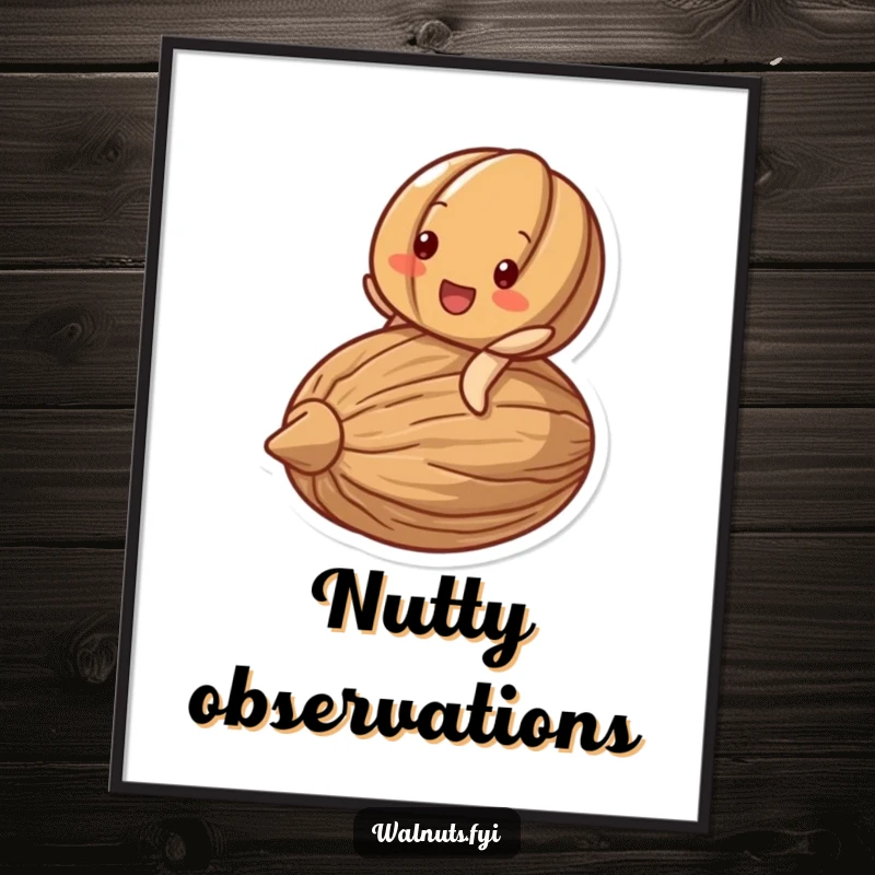 Funny poster art of a delighted walnut character beaming while riding on a larger, stylized nut.