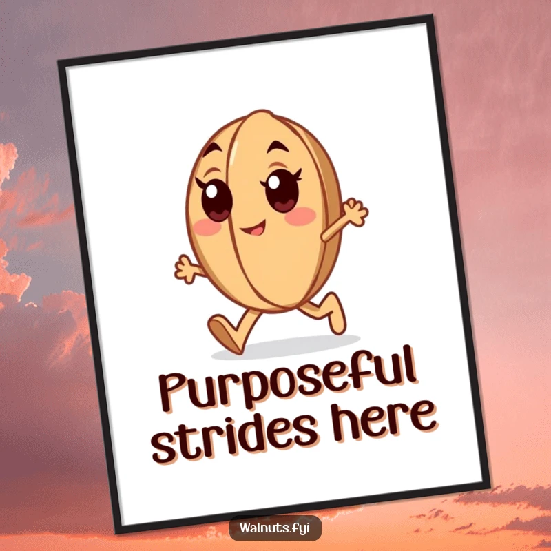 Funny determined walnut poster artwork of a walnut with enthusiastic eyes marching forward purposefully, motivational and humorous.