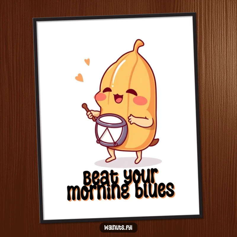 Funny poster of a joyful pecan enthusiastically drumming, capturing a moment of musical exuberance and guaranteed smiles for wall art.