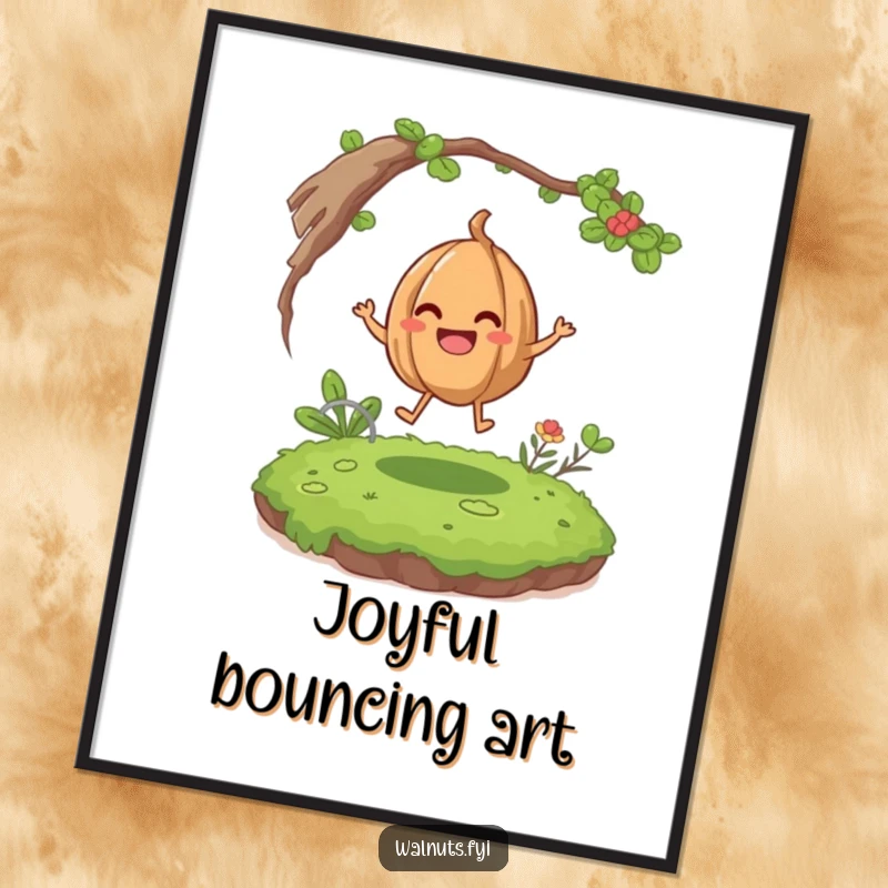 Funny giggling walnut character bouncing happily on a mossy patch, high-resolution digital art print for humorous decor.