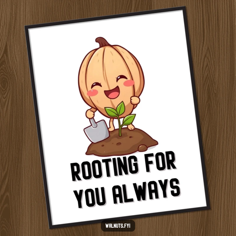 Funny Grinning Walnut Planting Poster, featuring a smiling walnut with a shovel tending to a small plant, garden-themed humor.