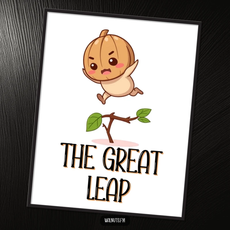 Funny determined walnut character leaping over a twig, high-resolution digital art print for humorous decor.
