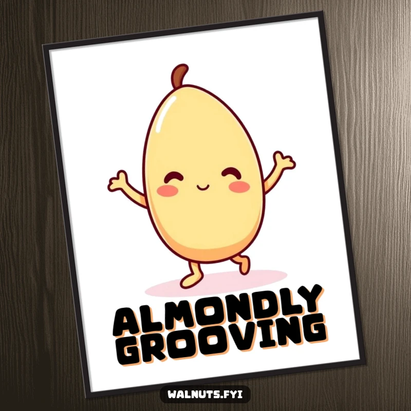 Funny Kawaii almond poster depicting a delighted character in a whimsical dance pose, radiating pure joy and animation on your wall.