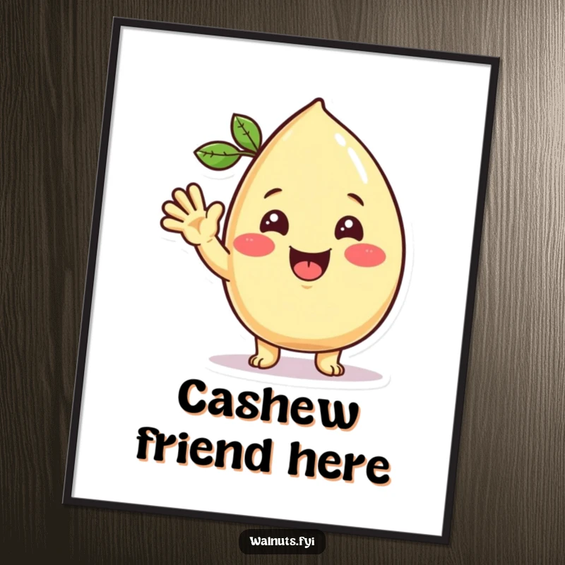 Funny Kawaii cashew poster displaying a beaming character giving a warm, friendly wave, perfect for adding a cheerful accent.