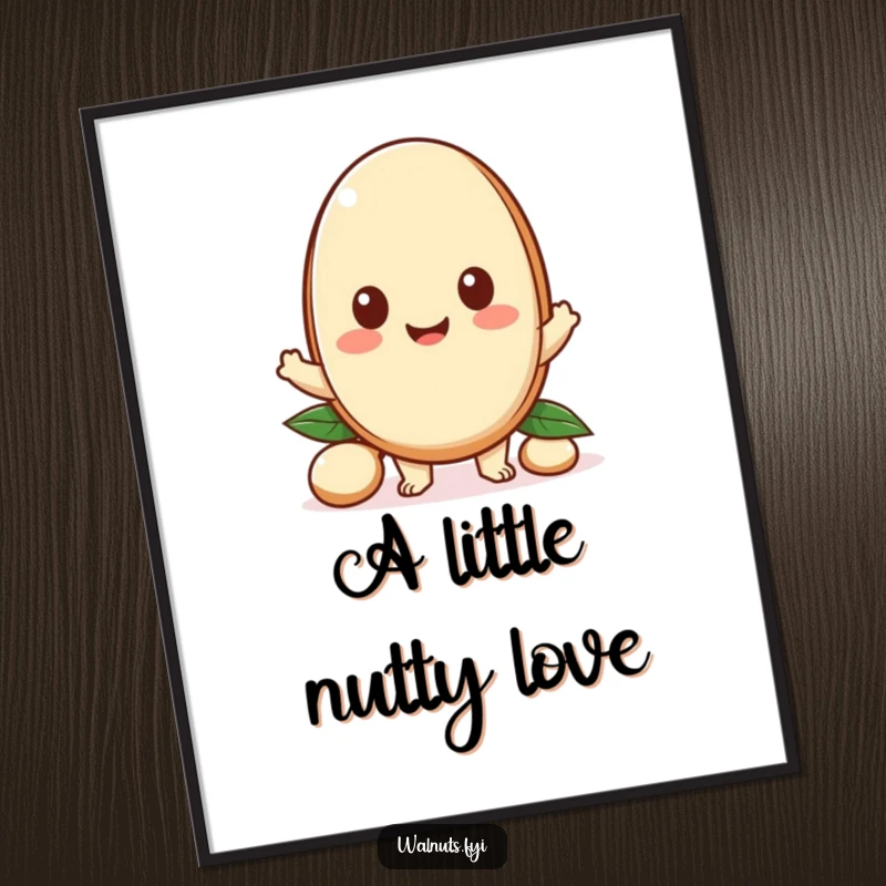 Funny art print of a Kawaii macadamia nut character offering a piece, radiating generosity and a spirit of sharing.