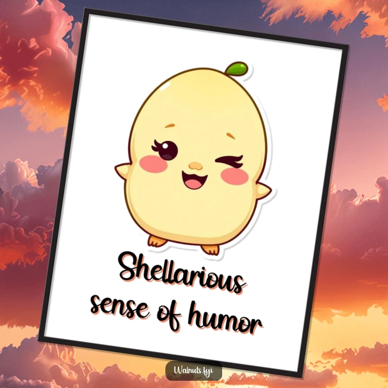 Funny Kawaii Pistachio Poster featuring a giggling character with a mischievous wink, bringing nutty cheer to any room. Great wall art.