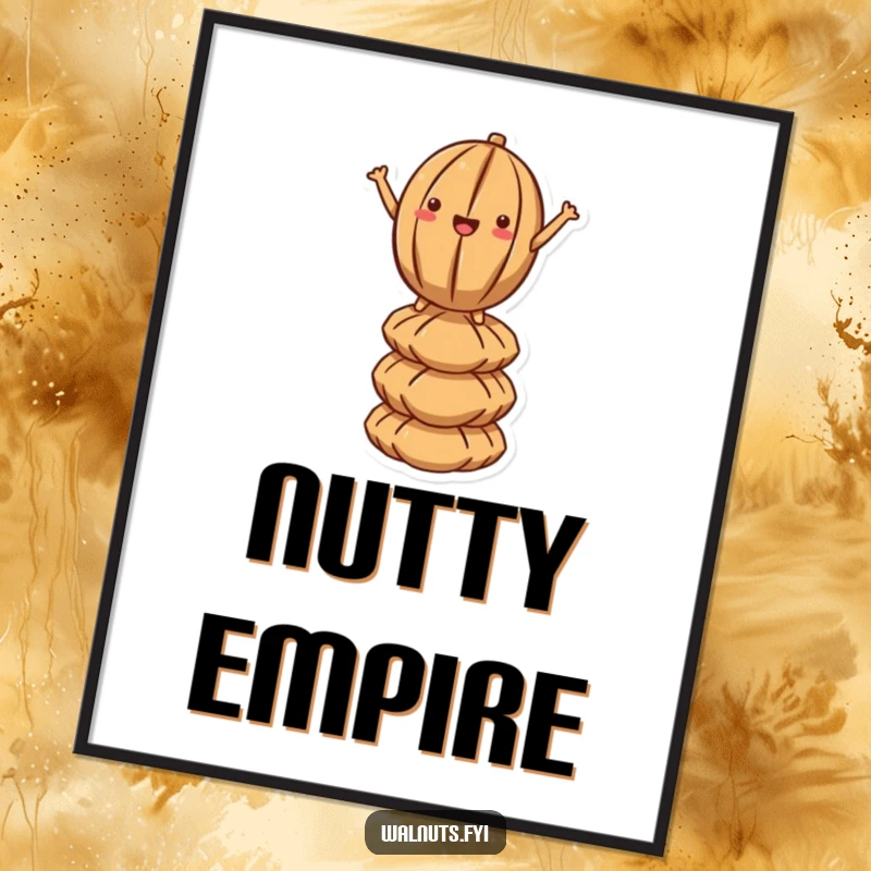 Funny Kawaii Walnut Balance Poster: A cute walnut stands tall on a precarious stack of nuts, its determined expression adding a humorous touch.