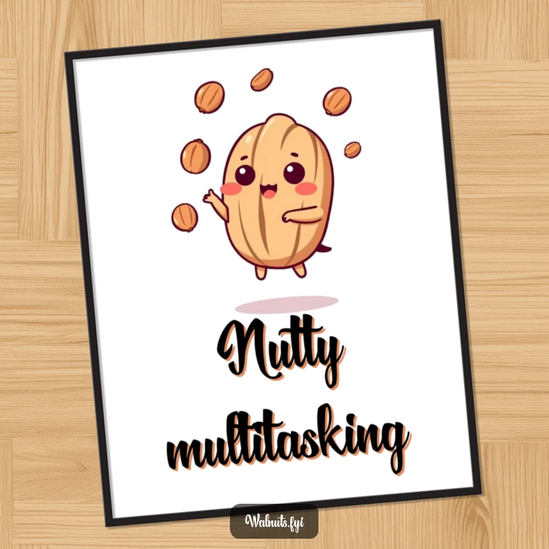 Funny Kawaii Walnut Juggling Poster: A cute walnut juggles small nut pieces with impressive dexterity, its focused yet joyful expression bringing humor.