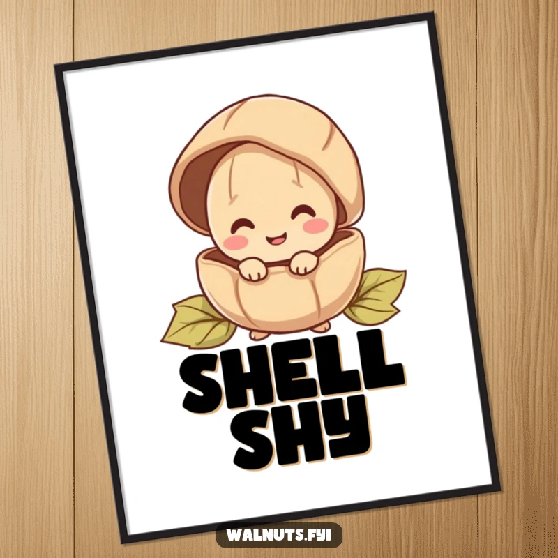 Funny poster depicting a happy walnut character curiously peeking out from behind a large, protective shell.
