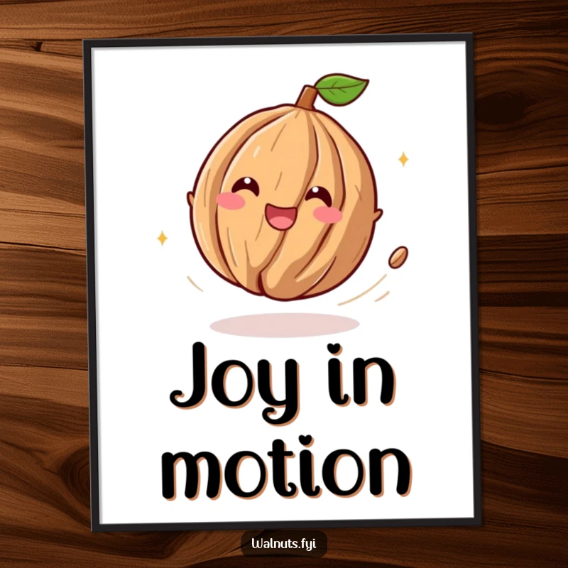 Funny poster art of a playful walnut character spinning with delighted abandon, trailing mirth and radiating pure joy.