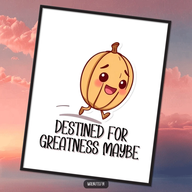 Funny poster print of a happy walnut character with a determined look, rolling downhill with joyful momentum.