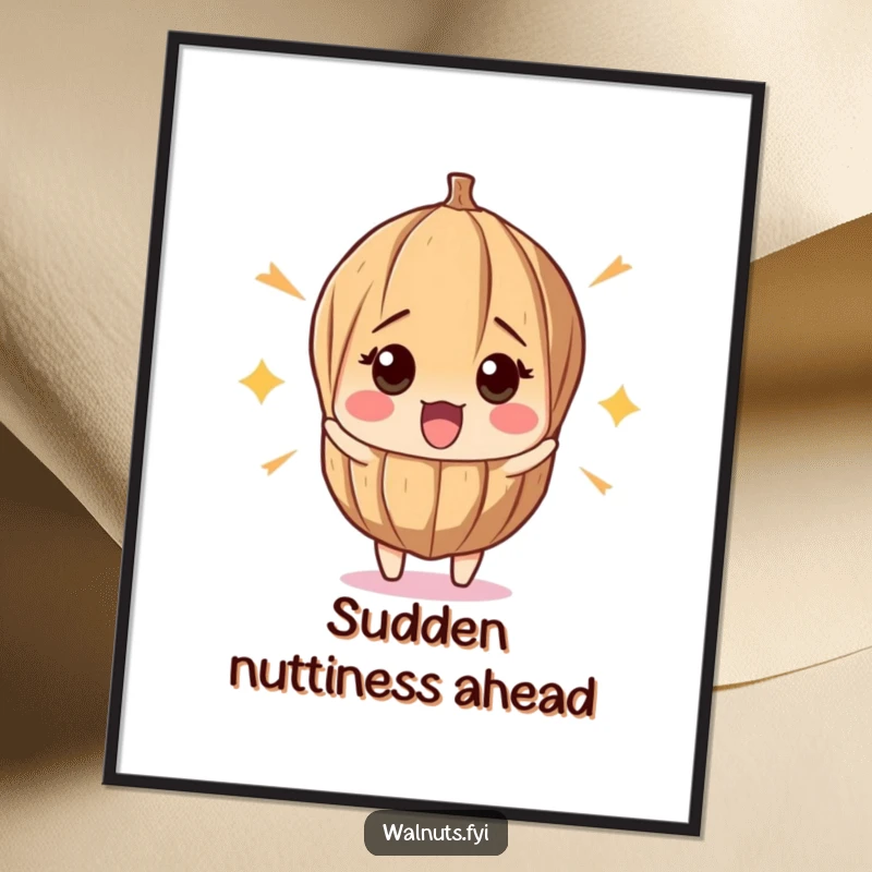 Funny poster showcasing a surprised walnut recoiling from a loud pop, adding a humorous and eye-catching element to wall decor.