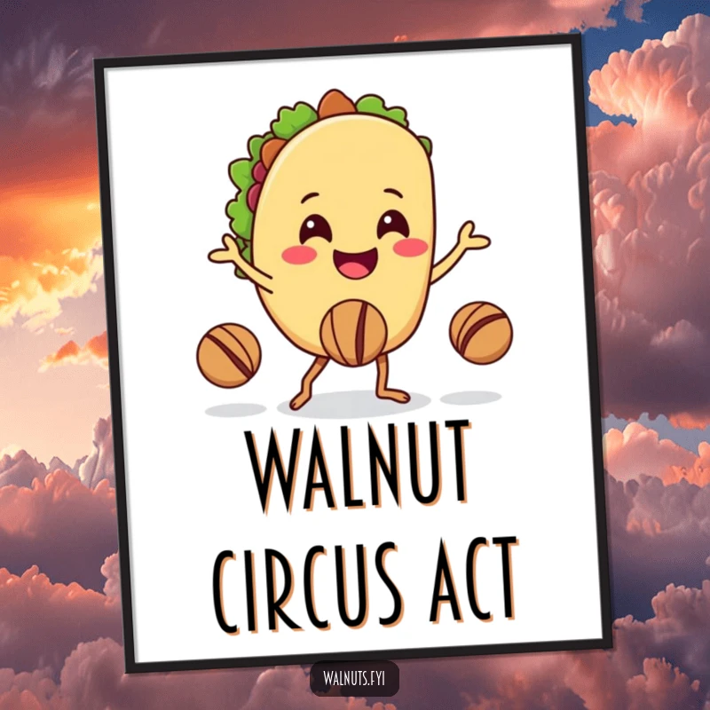 Funny poster art of a cheerful taco character juggling walnuts skillfully with its legs, a playful scene.