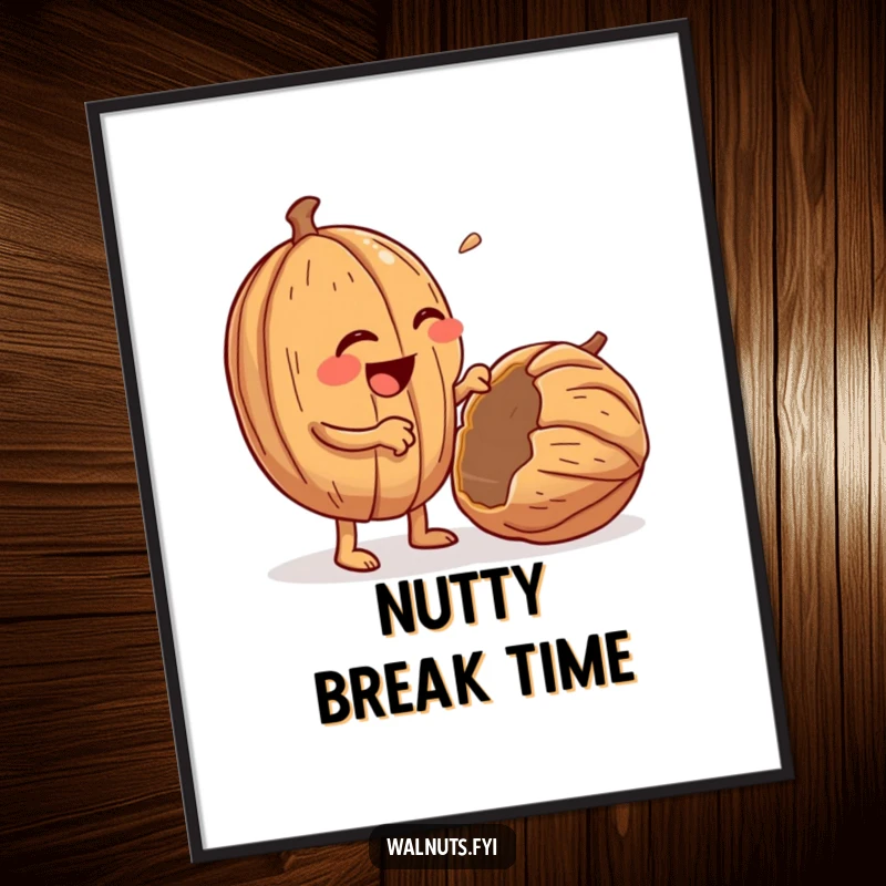 Funny poster art of a giggling, anthropomorphic walnut with tiny arms enthusiastically cracking open a walnut.