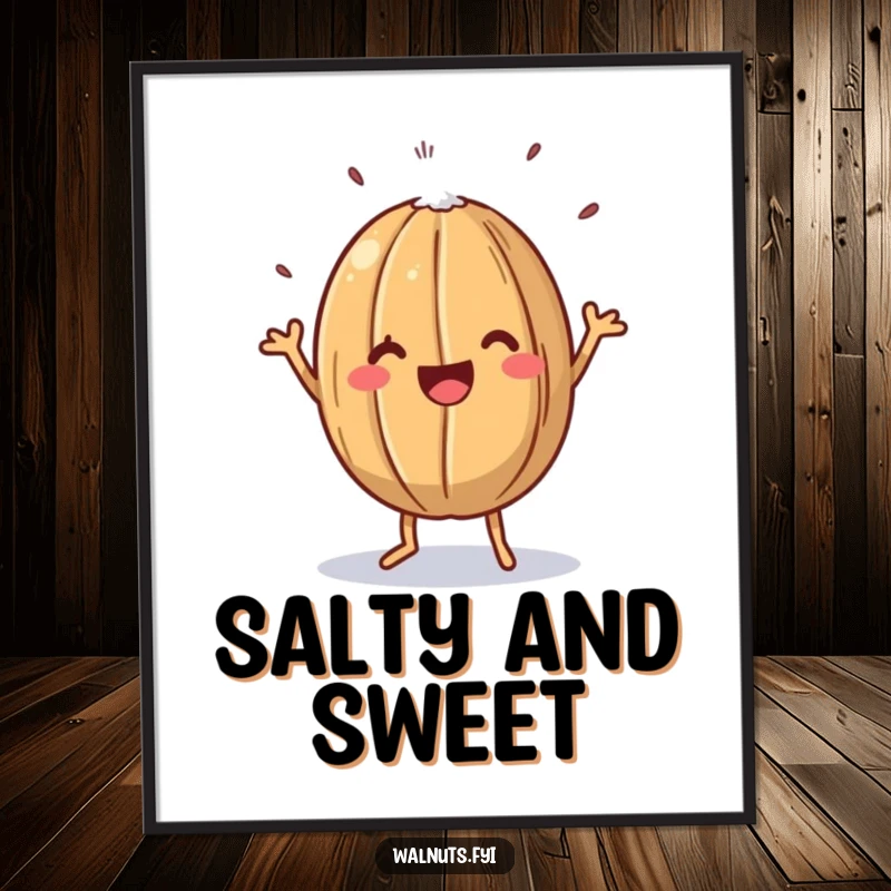 Funny poster art of a happy walnut performing a lively jig, lightly salted, bringing a burst of nutty fun to the wall.