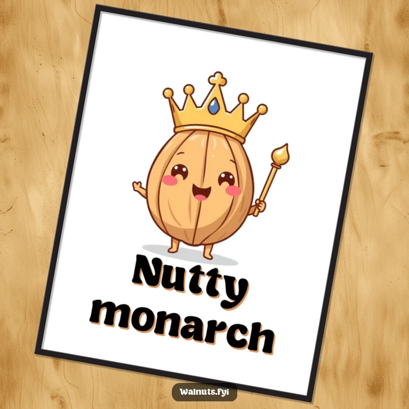 Funny Walnut King Poster of a happy walnut wearing a crown and holding a scepter, exuding playful authority.