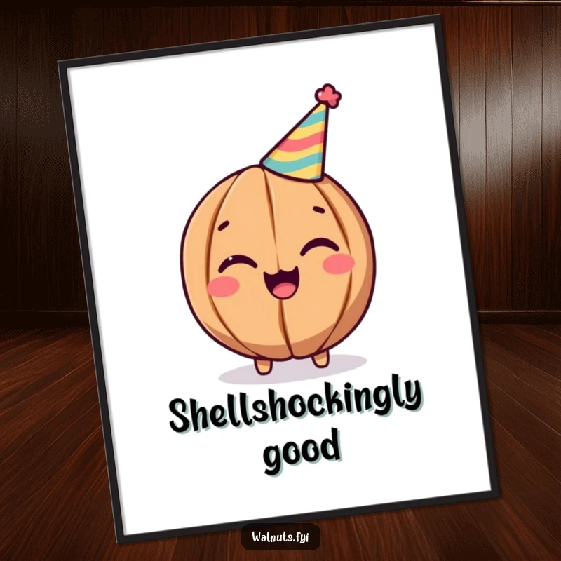 Funny Walnut Poster: Cheerful walnut with party hat winks, festive wall art, great funny gift.