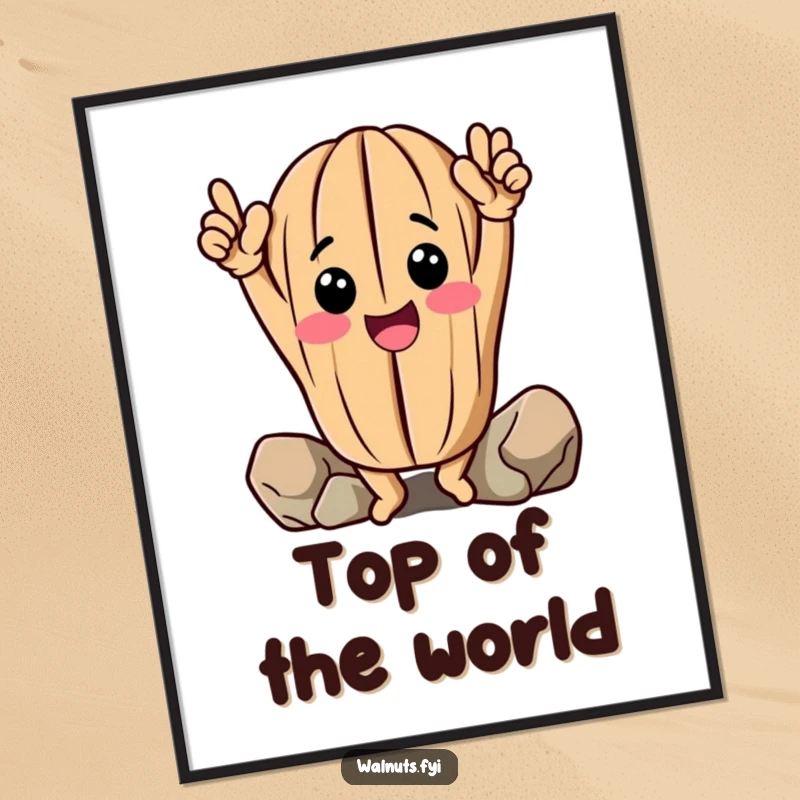 Funny Walnut Poster: Cheerful anthropomorphic walnut raises arms celebrating climb, humorous wall art.