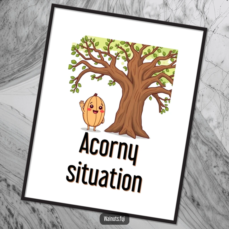 Funny poster showing a happy walnut character saluting a large oak tree, bringing cheerful woodland vibes to any wall.