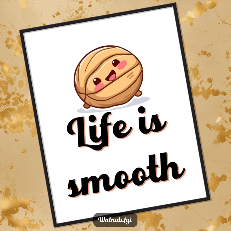 Funny poster art of a playful walnut sliding down a smooth surface with an incredibly joyful and happy expression.