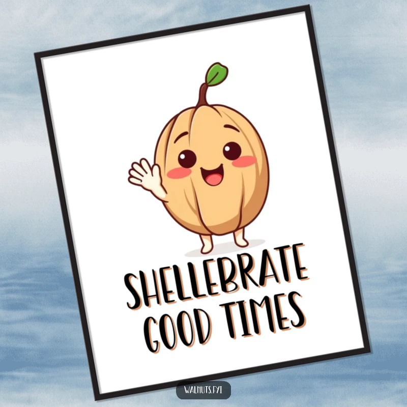 Funny poster of a delighted walnut character cheerfully offering a friendly wave, adding humor to wall decor.