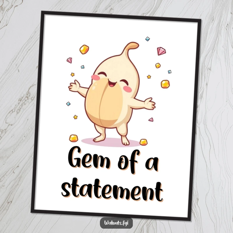 Funny poster of a happy macadamia nut juggling bright gemstones, capturing a moment of pure joy and sparkling delight.