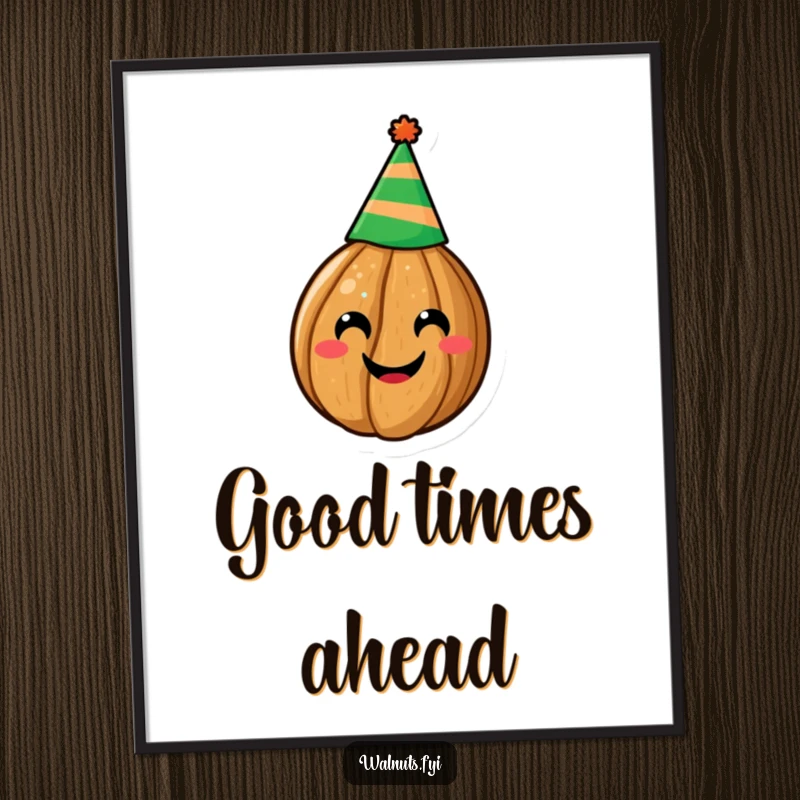 Funny poster of a smiling walnut wearing a festive party hat, creating a cheerful and humorous atmosphere, great funny gift.