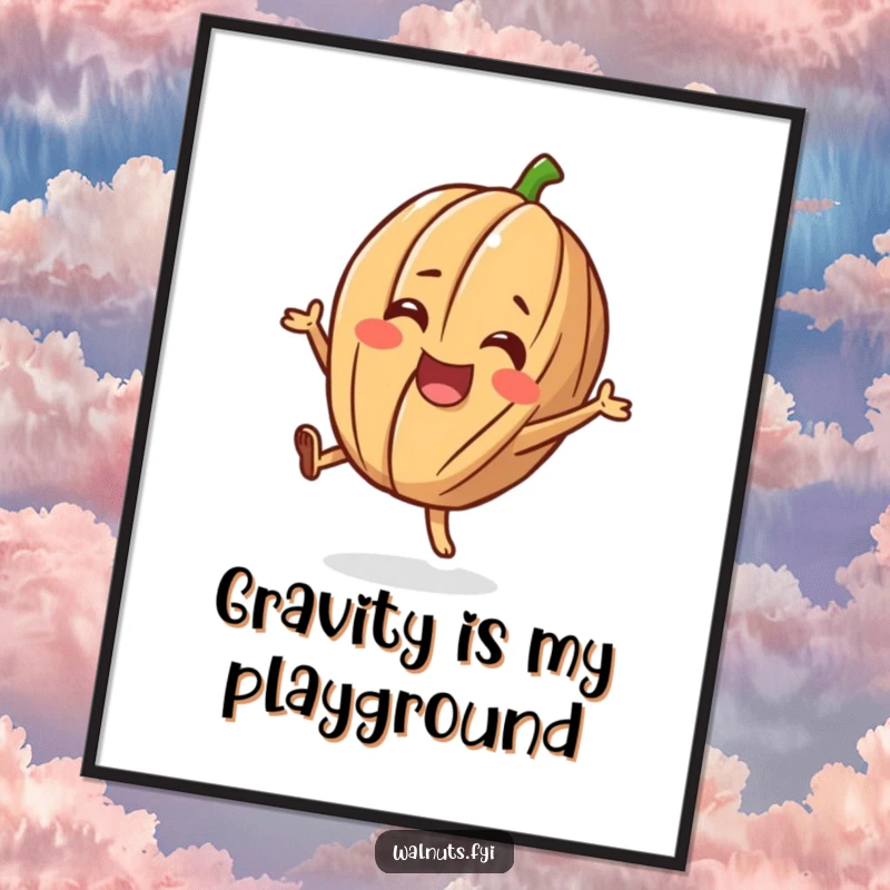 Funny poster print of a cheerful walnut character doing a happy flip, adding visual joy and humor.