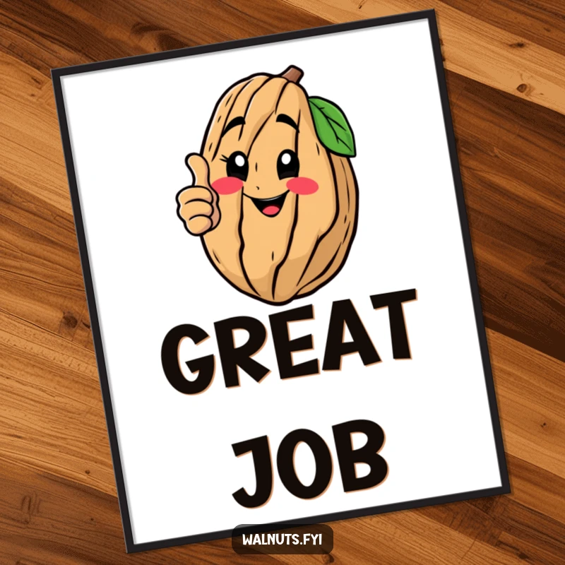 Funny poster of a happy walnut character giving a thumbs up, radiating approval and positive energy, a great funny gift.