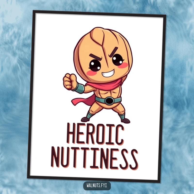 Funny poster featuring a vibrant walnut character striking a heroic pose, perfect for adding a bold and inspiring touch.