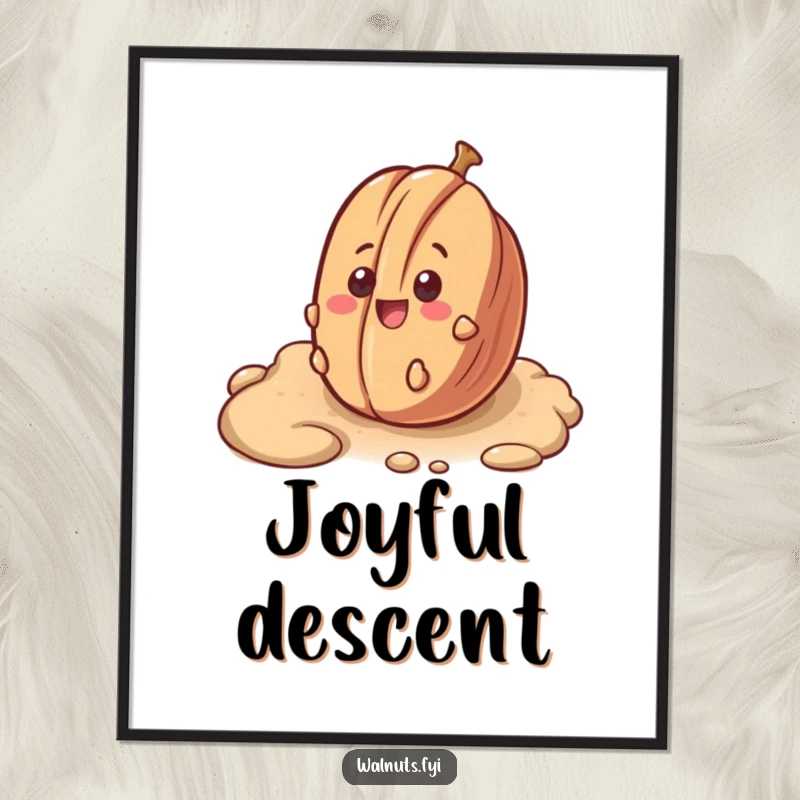 Funny poster art of a surprised pecan with a smile, rolling down a bumpy surface, adding whimsical adventure.