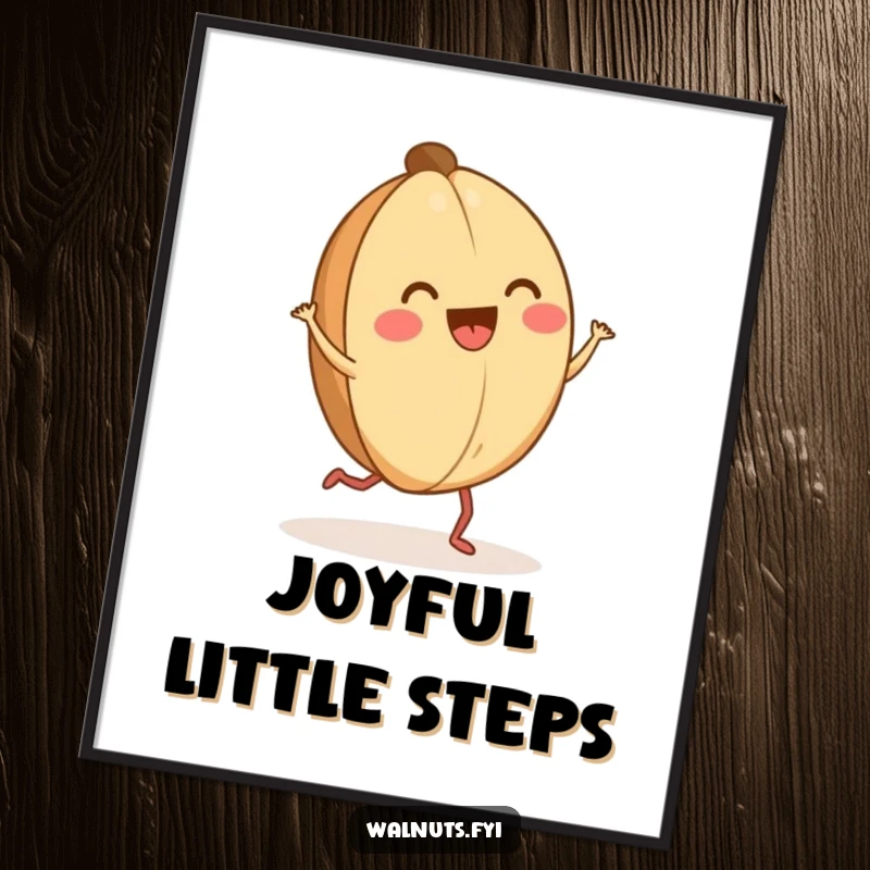 Funny happy walnut jig poster artwork of a walnut with tiny legs doing a dance, full of pure joy.