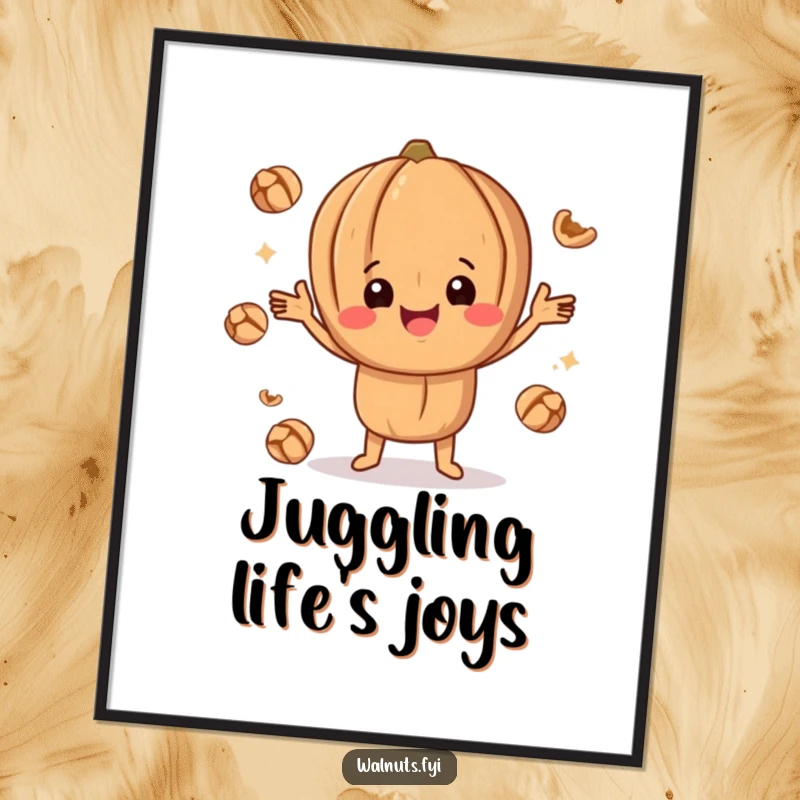 Funny happy walnut character performing an impressive juggling act with smaller walnut pieces, a humorous poster.