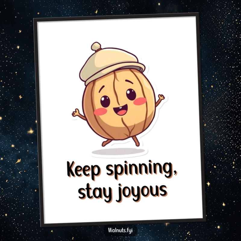 Funny Walnut Dancer Poster featuring a smiling walnut character in a jaunty cap, captured mid-spin with a delightful and energetic pose.